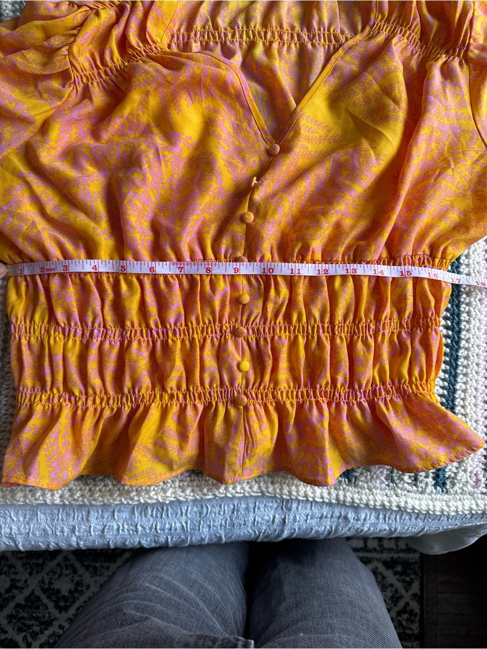Rose & Olive Orange and Pink V-Neck Smocked Waist Blouse | Medium - Picture 9 of 9